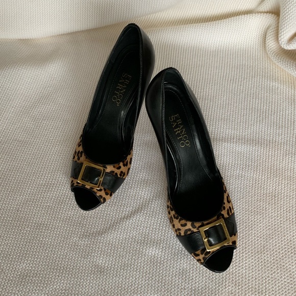 Franco Sarto Black Animal Print Peep Toe Heels - Picture 3 of 8